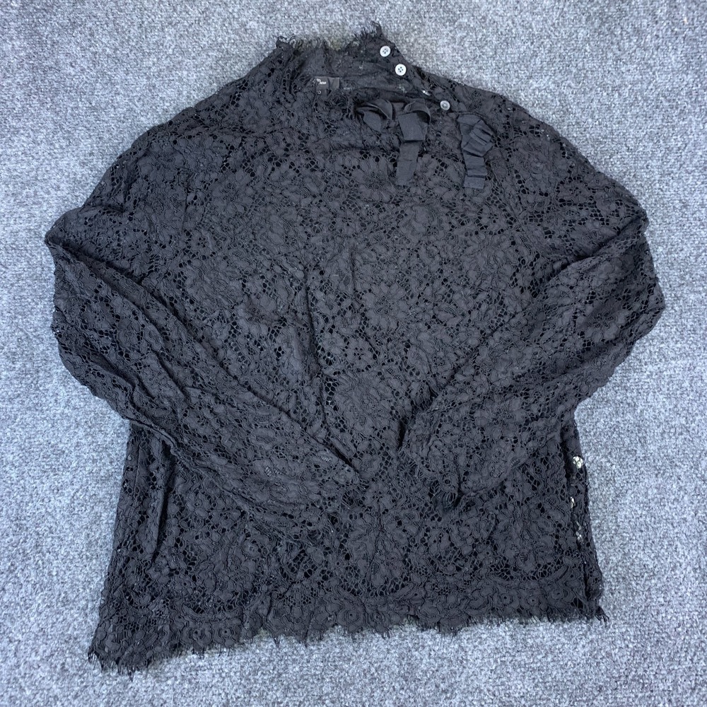 J.Crew Blouse Top Womens 10 Black Floral Lace Bow Mock Neck Shoulder Button